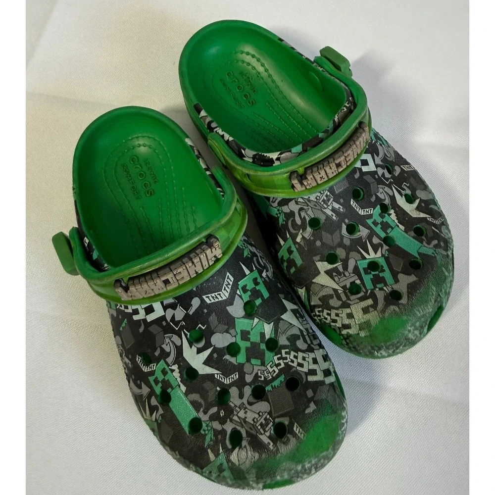 Crocs Boys Clogs C 11 Green Minecraft Creeper TNT Graphic Slip On Shoes Gamer